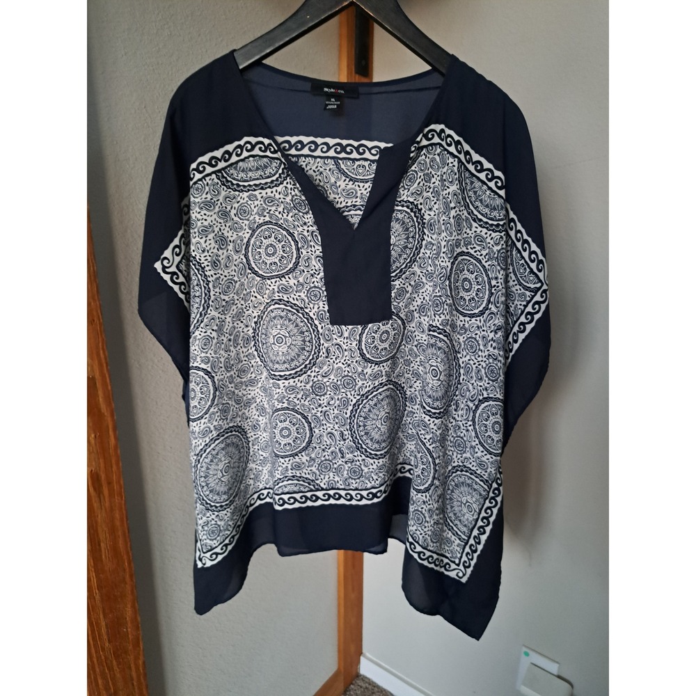Style & Co Womens XL Navy Blue White Paisley Medallion Poncho Chiffon Blouse